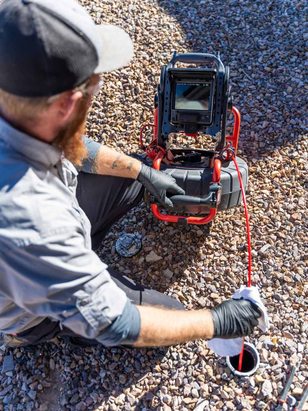 Technician kneeling on desert gravel operating a drain camera reel with the red push cable feeding into an open cleanout