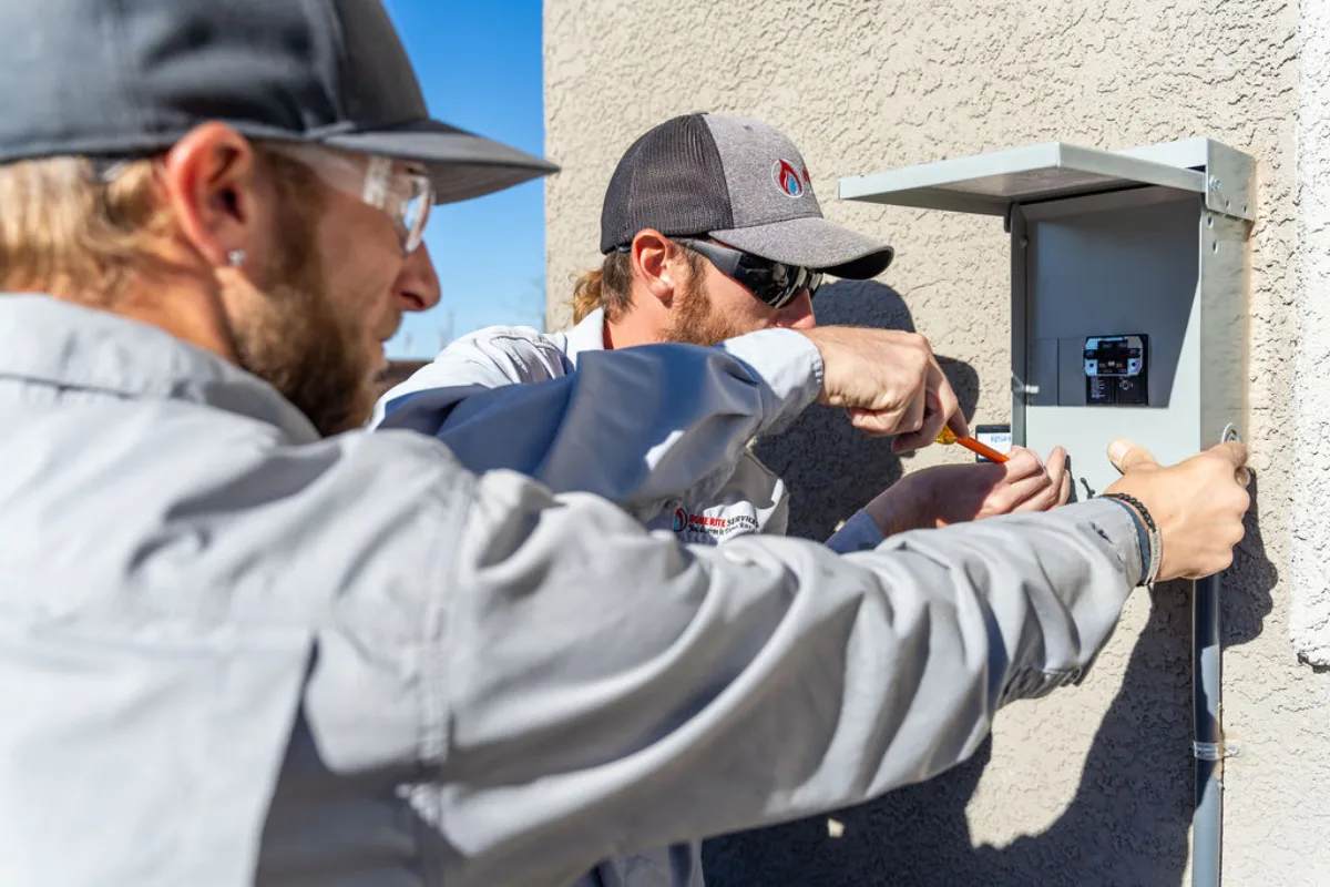 Two technicians in Done Rite caps working at a small outdoor disconnect box on a stucco wall