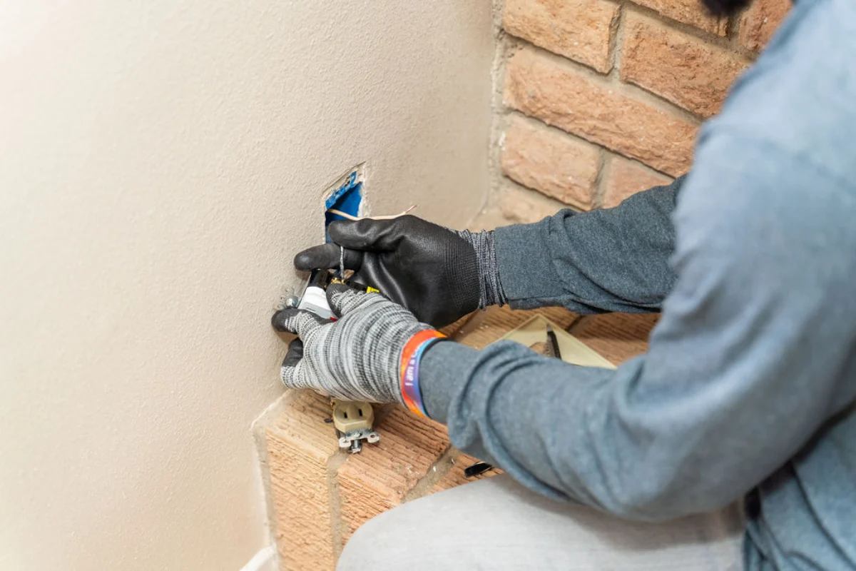 Gloved hands pulling cable out of a wall box at a brick corner with the old outlet resting on the ledge