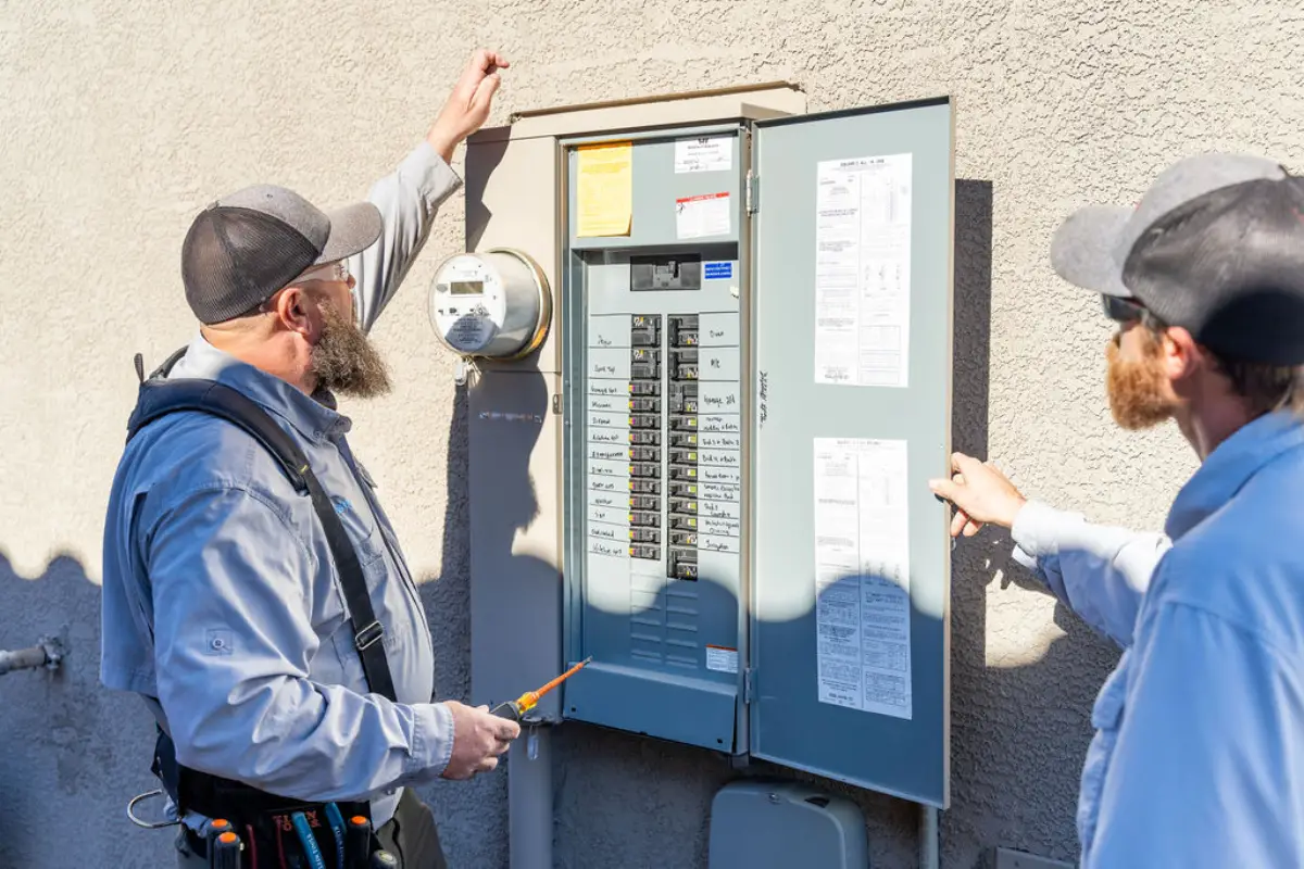 Two technicians at an open outdoor breaker panel with the dead front on and the breaker rows exposed, screwdriver in hand