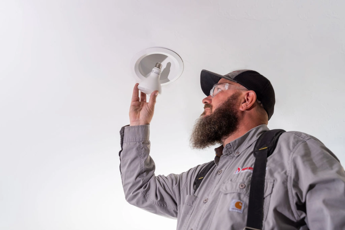 Bearded technician in a grey Done Rite shirt reaching up to fit a bulb into a recessed ceiling can
