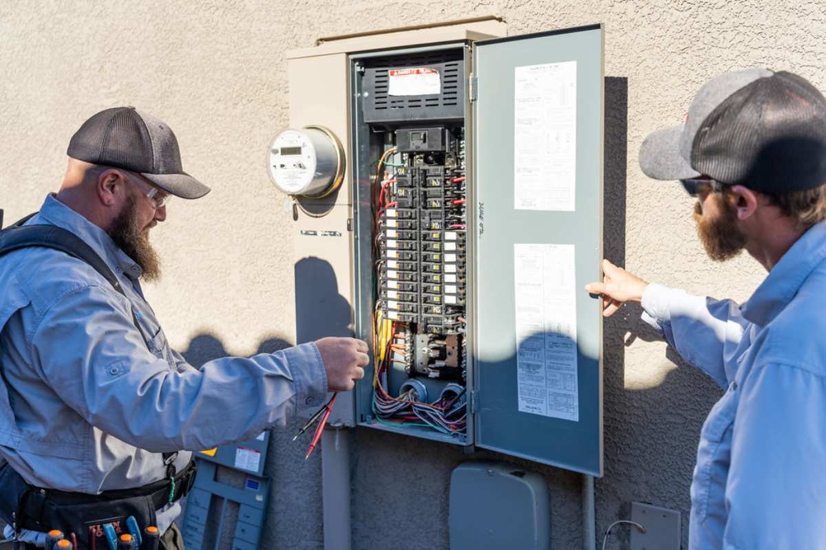 Two technicians examining an open outdoor breaker panel with its cover removed, coloured conductors and the printed panel schedule taped to the door
