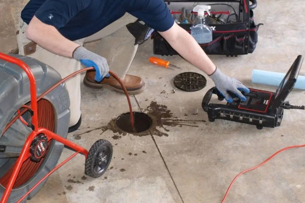 Plumber clearing a drain line at an exterior cleanout
