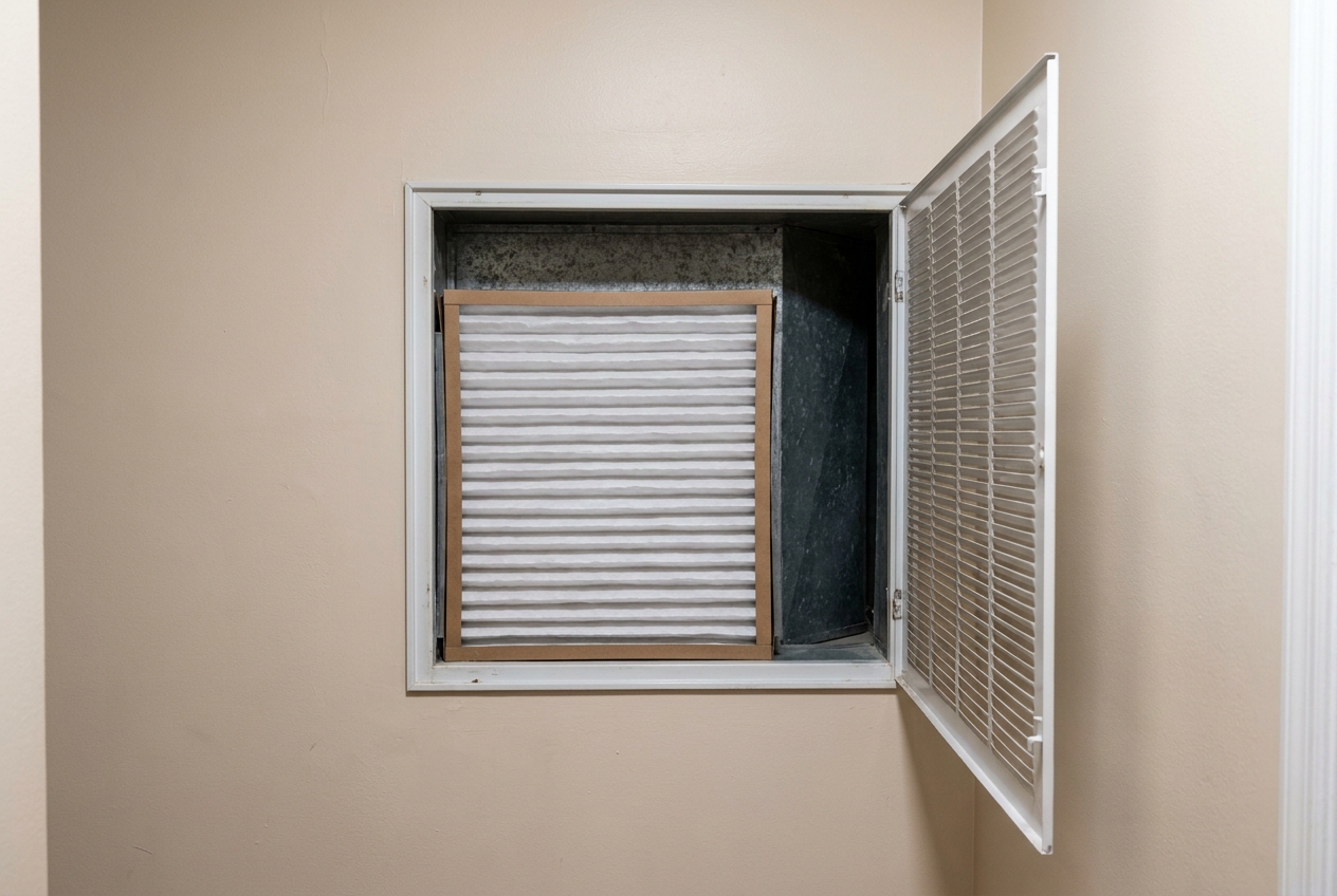 Clean pleated air filter fitted in a return air housing