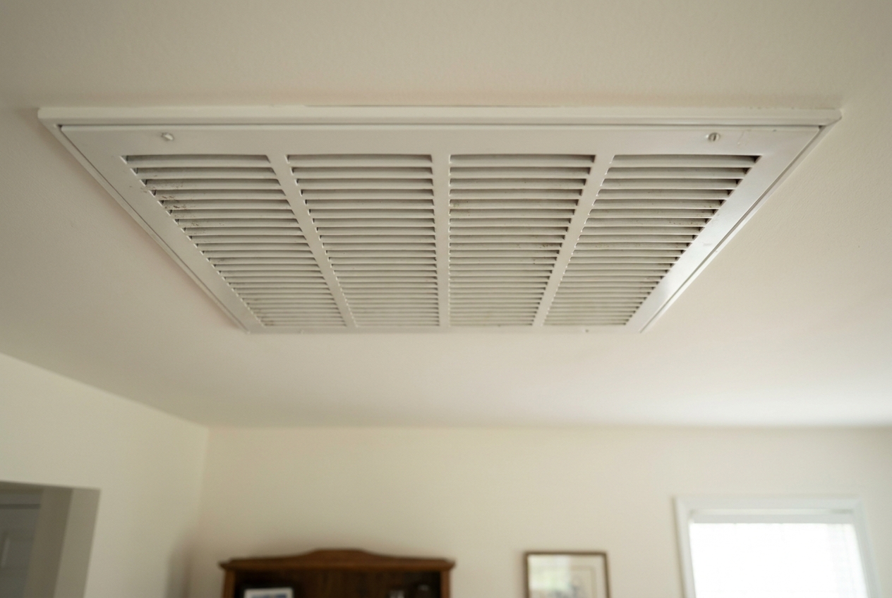 Ceiling supply register delivering conditioned air into a room