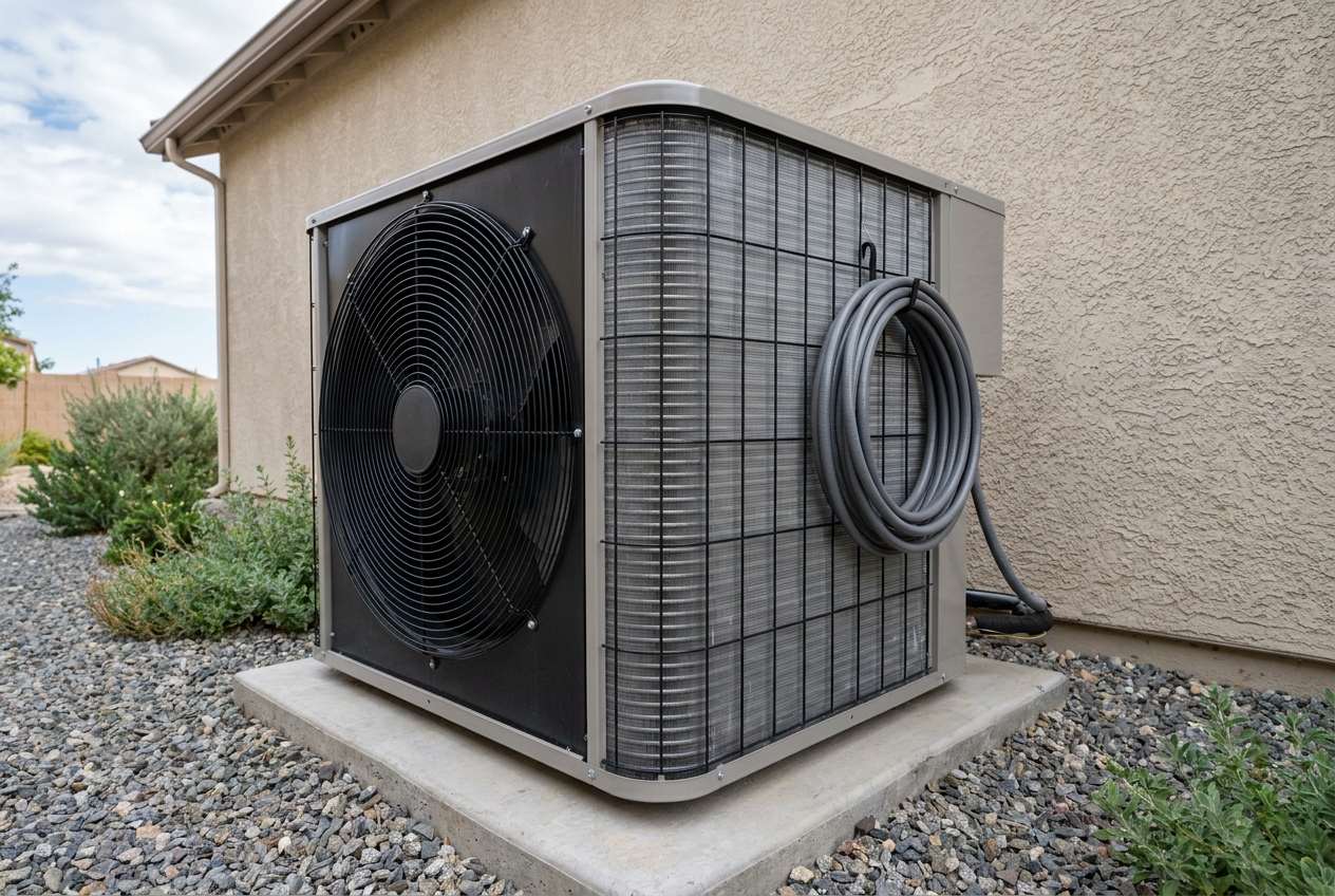 High-efficiency air conditioning condenser installed at a residential property