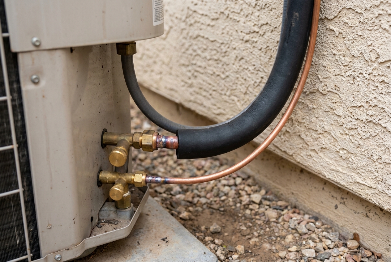 Brazed refrigerant line set connections at an outdoor condensing unit
