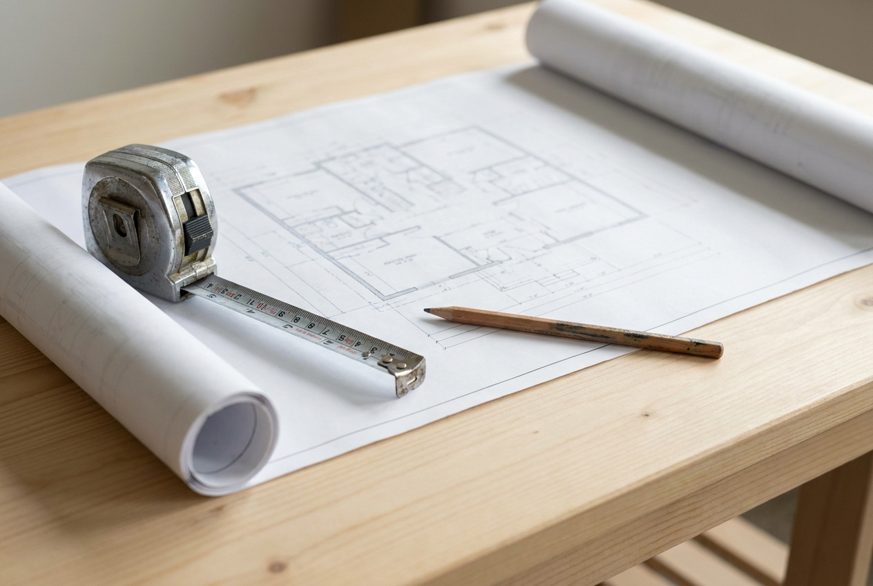 Floor plan drawing spread on a wooden table with a tape measure and a pencil resting on it