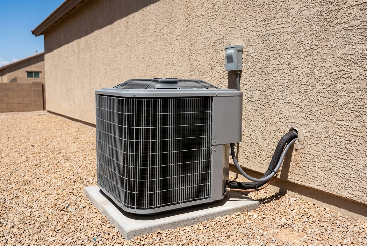 New outdoor condensing unit set level on a concrete pad beside a home