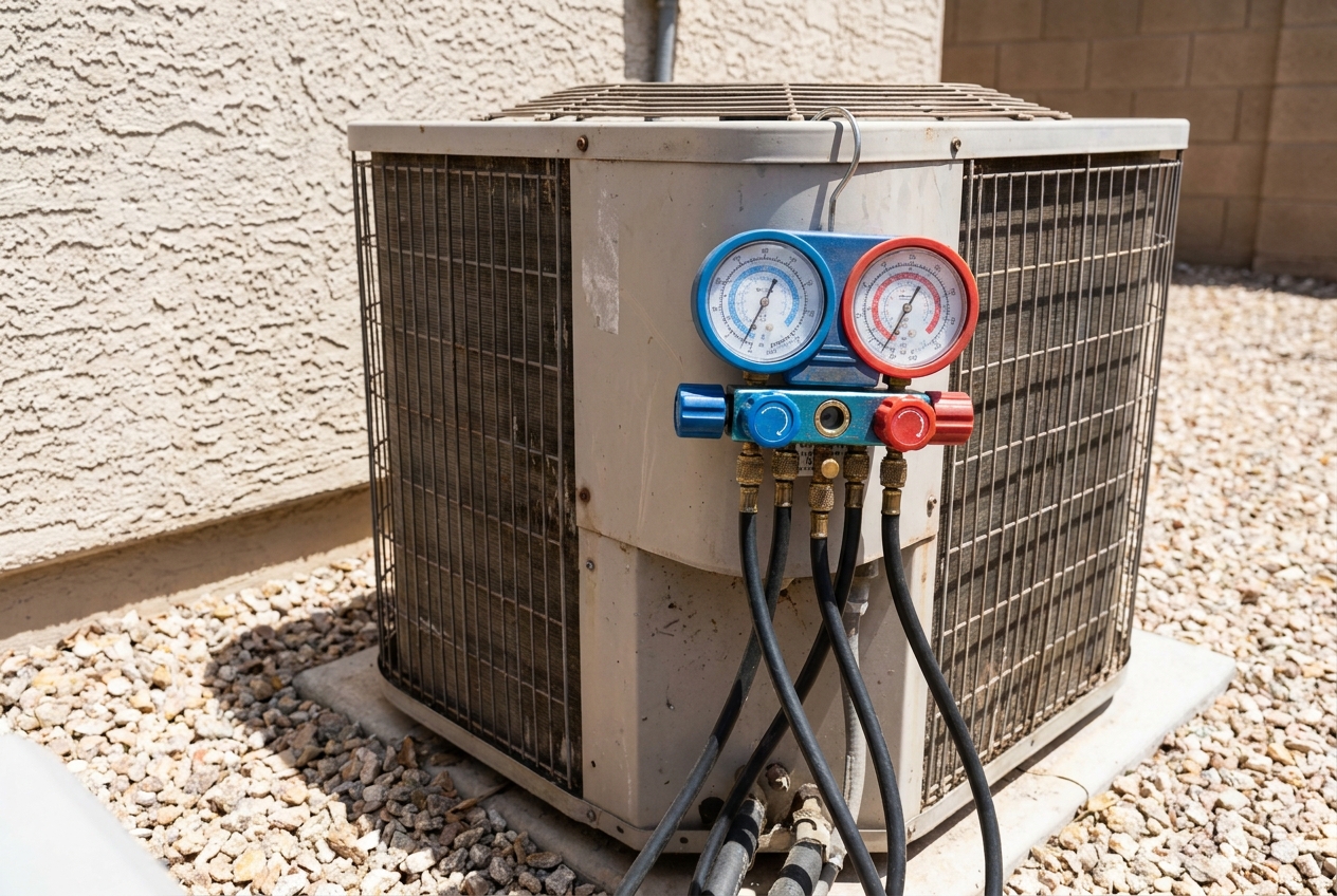 Refrigerant manifold gauges connected to an air conditioning system during commissioning