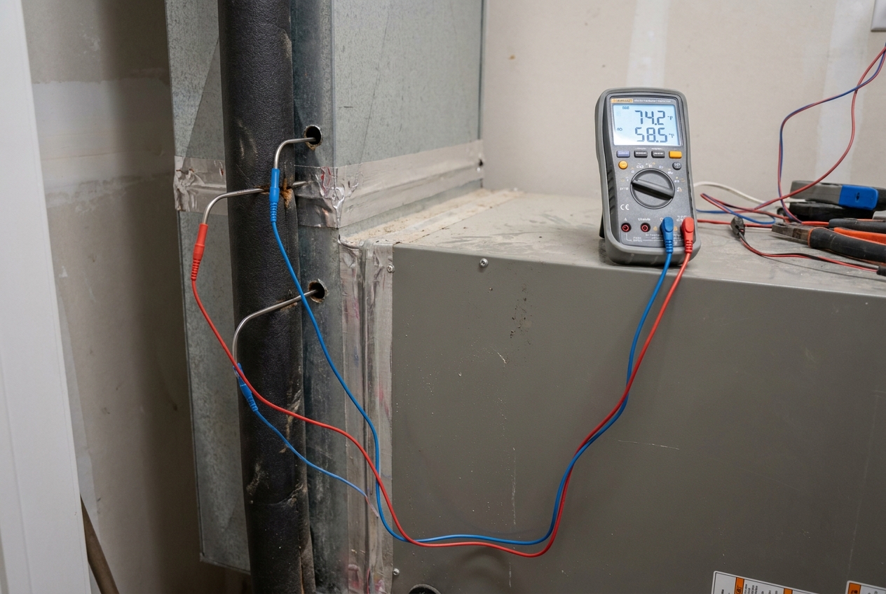 Digital thermometer probes measuring temperature split at an air handler