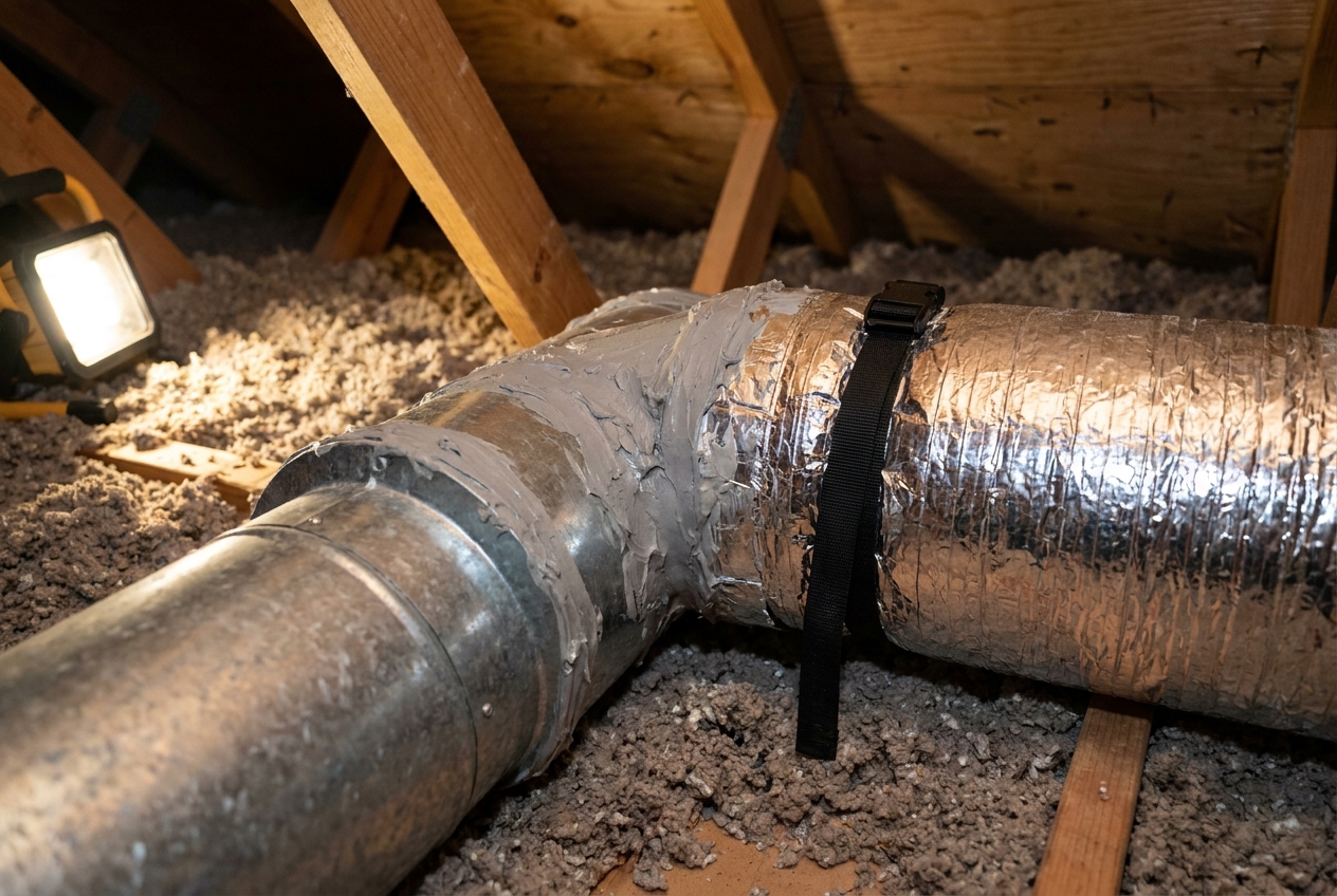 Flexible ductwork joint being sealed in an attic space