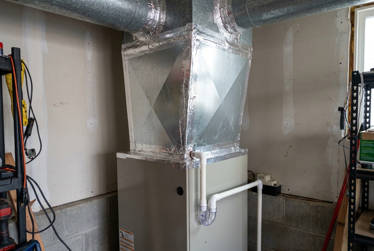 Indoor evaporator coil and plenum fitted during an installation