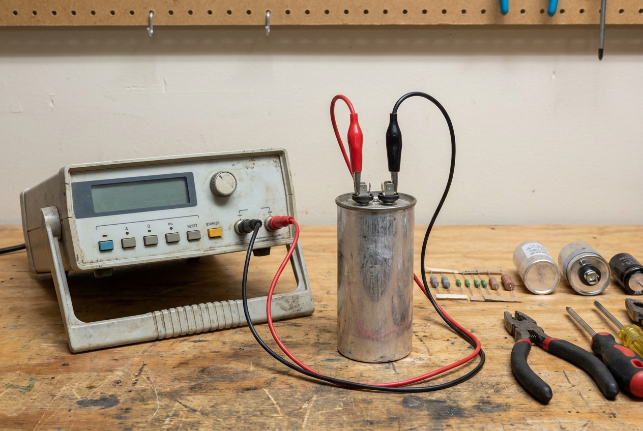 Capacitor being tested against its rated value with a meter