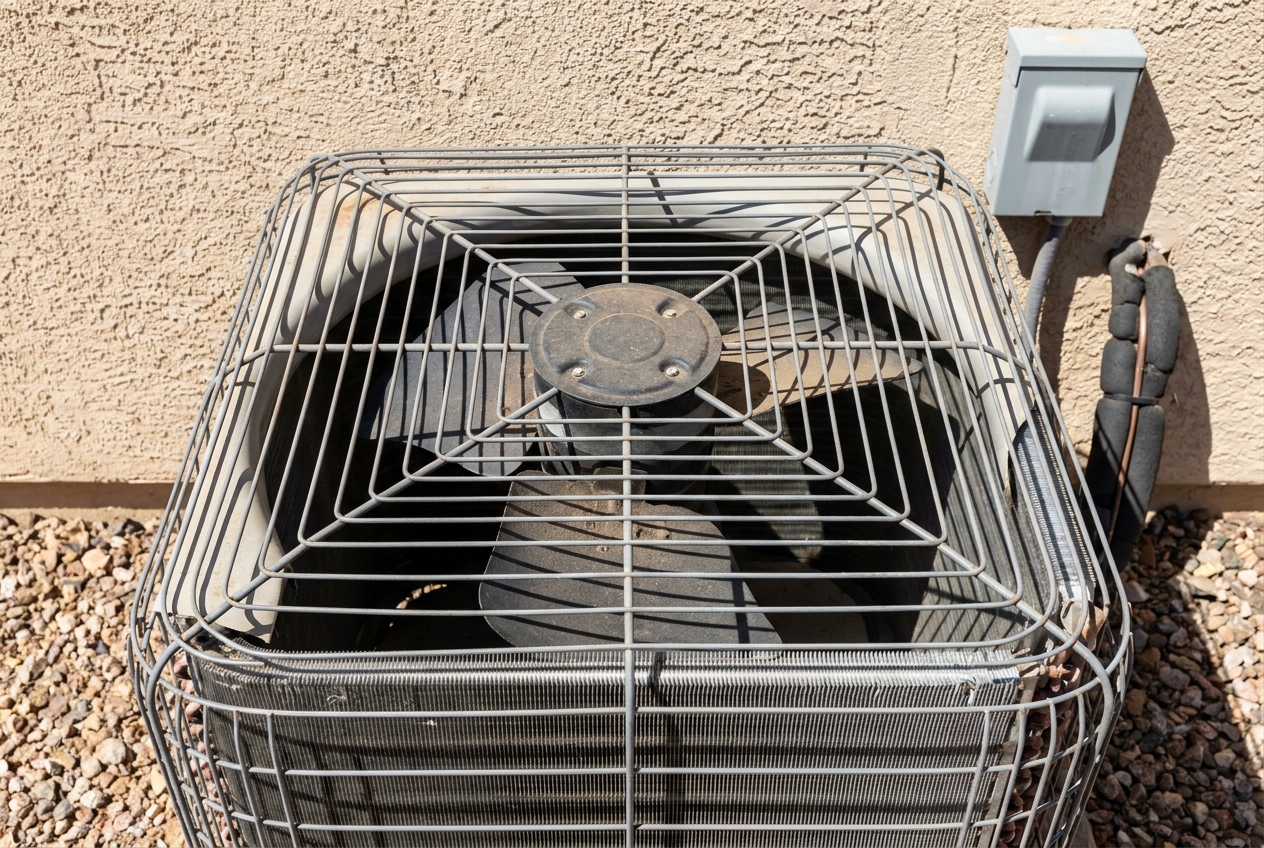 Condenser fan and motor assembly on a serviced air conditioning unit