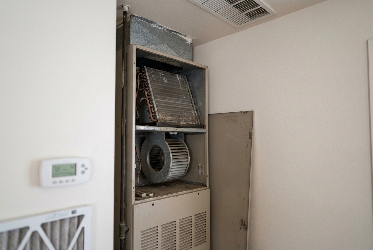 Evaporator coil and blower compartment opened for a maintenance check