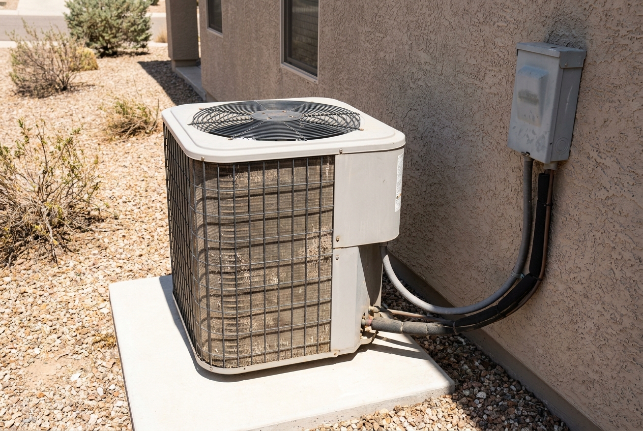 Serviced condensing unit with its panels refitted and the disconnect closed