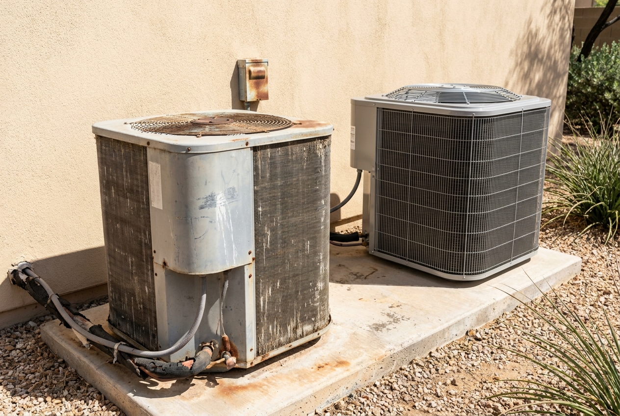 An ageing condensing unit standing beside a newly installed one