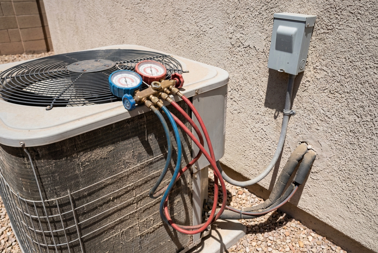 Refrigerant manifold gauges connected to an air conditioning system