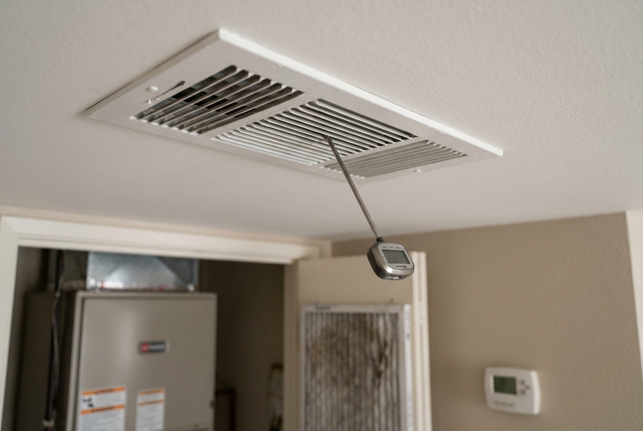Probe thermometer reading supply air temperature at a ceiling register