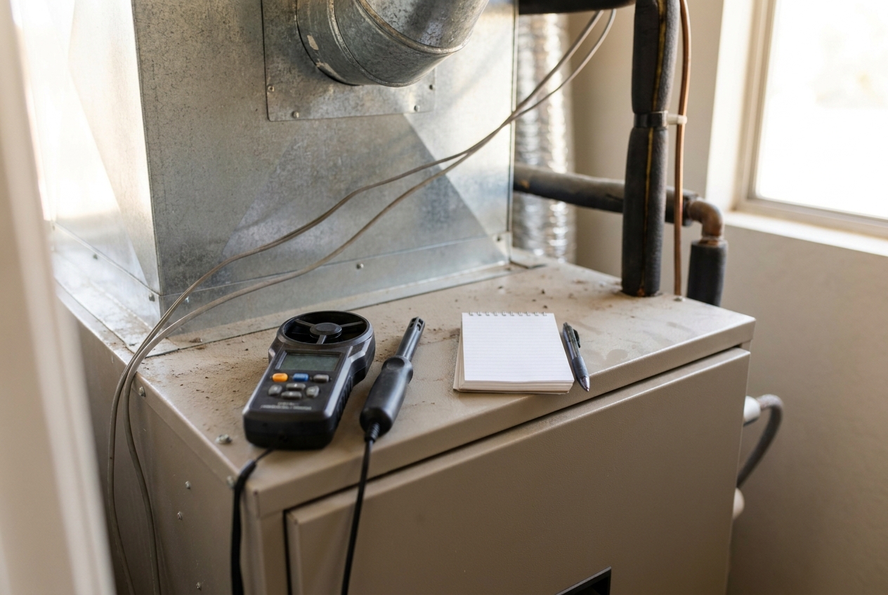 Airflow meter and probe resting on an air handler cabinet below the supply plenum