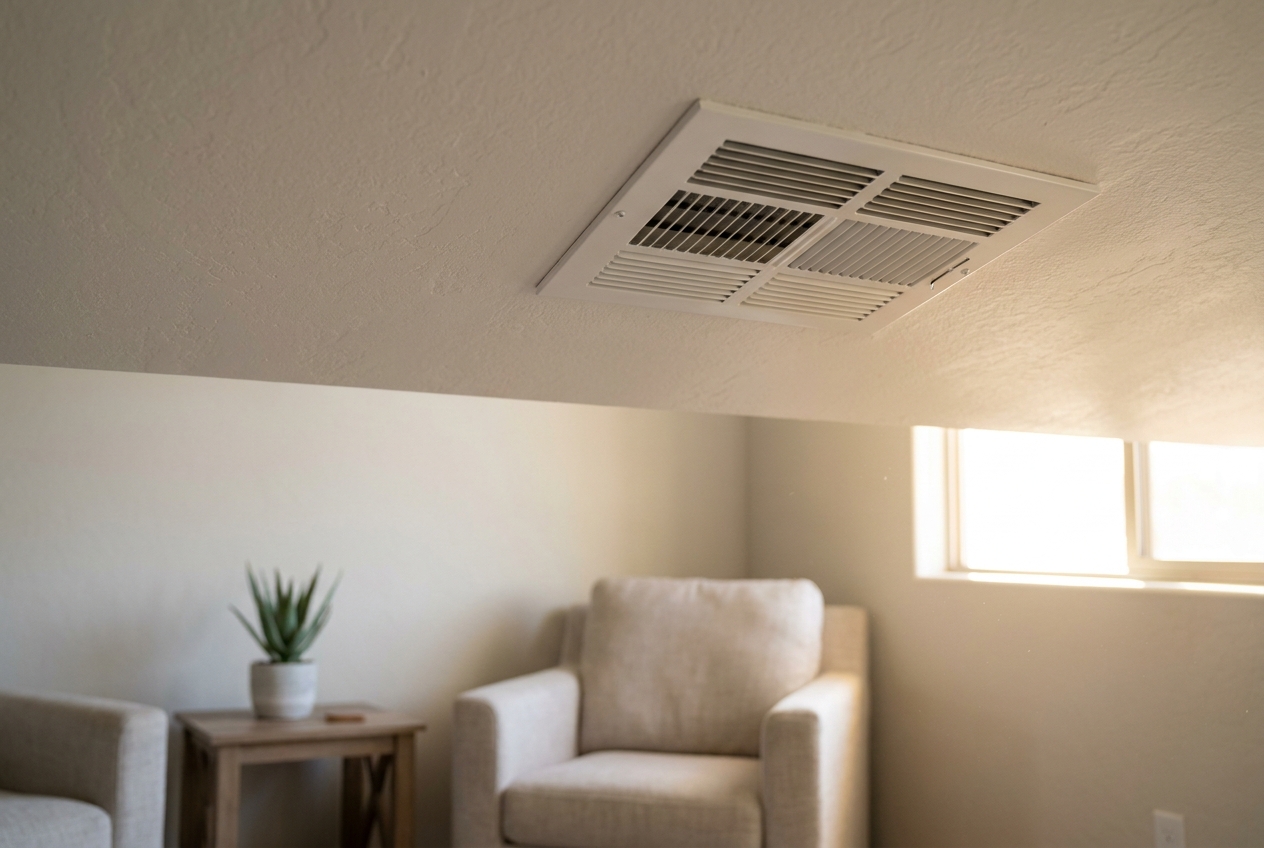 Ceiling supply register delivering air into a sunlit living room with armchairs and a potted plant