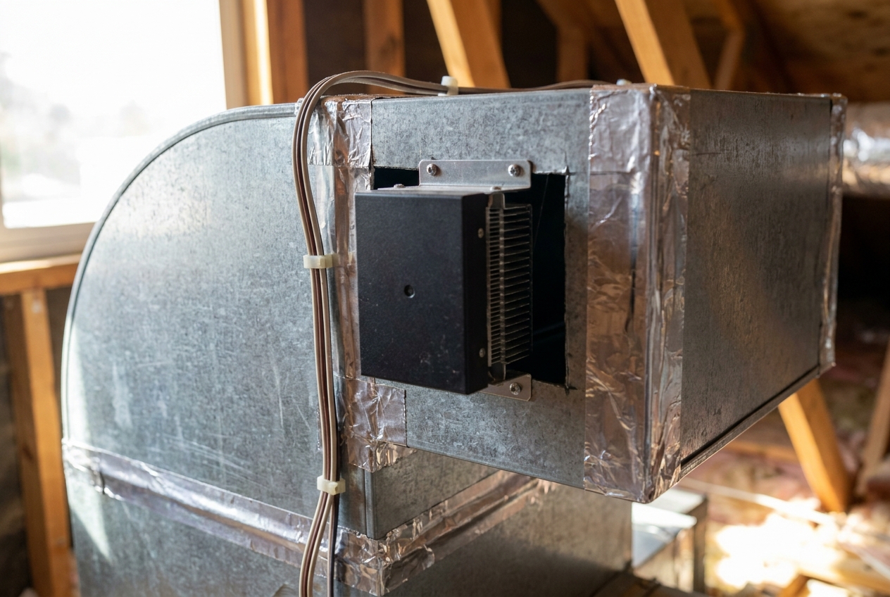Purification module bracket-mounted through the wall of a galvanized supply duct