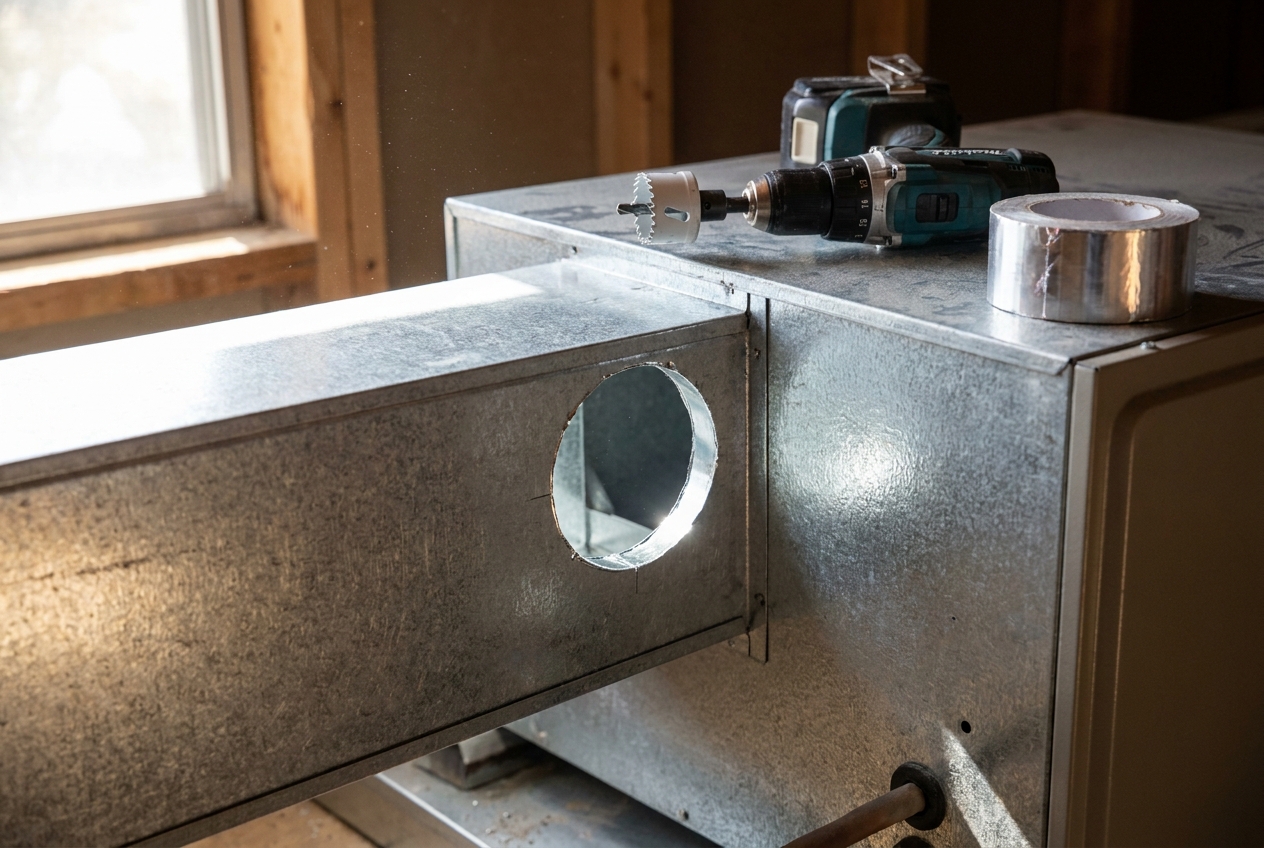 Freshly cut circular opening in a supply plenum with a hole saw and foil tape set on the cabinet