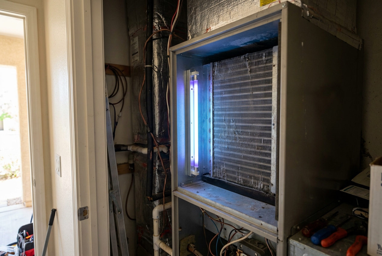 UV-C lamp glowing inside an air handler cabinet beside the evaporator coil