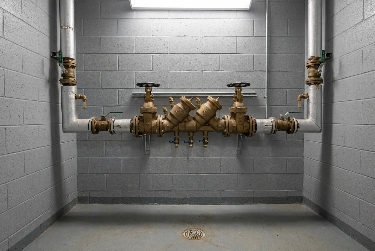 Backflow prevention assembly with test cocks mounted on a commercial wall