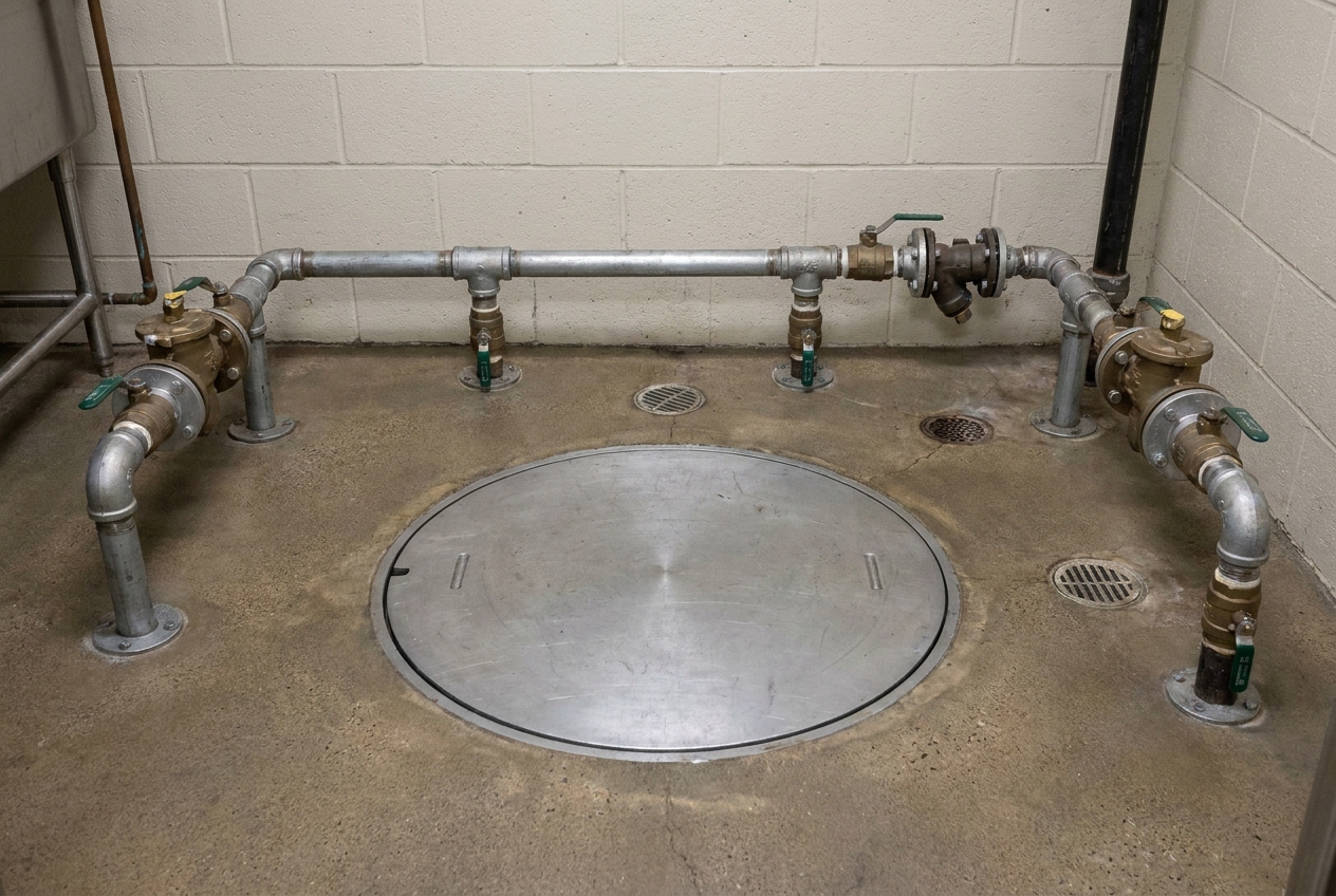 Grease interceptor lid set into a commercial kitchen floor