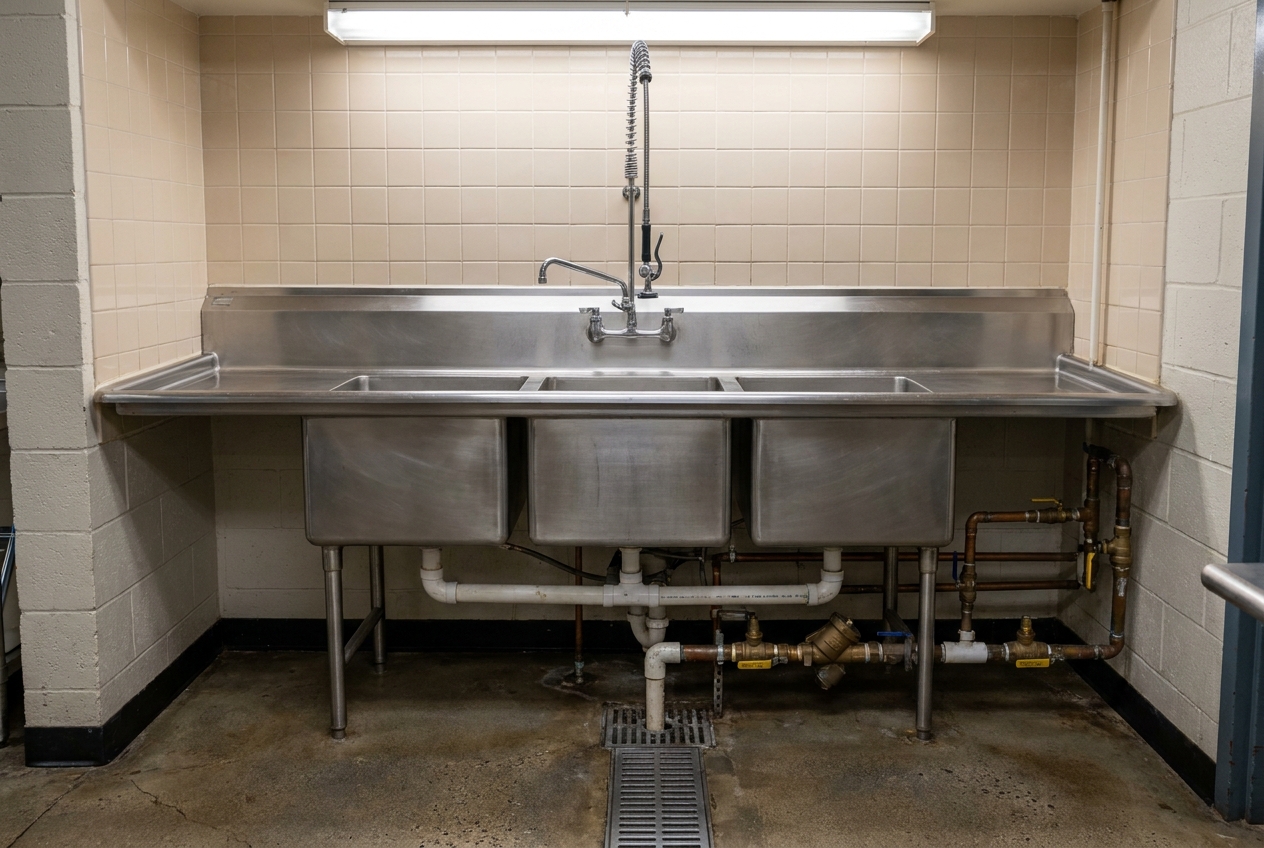 Stainless three-compartment commercial kitchen sink, clean and in service