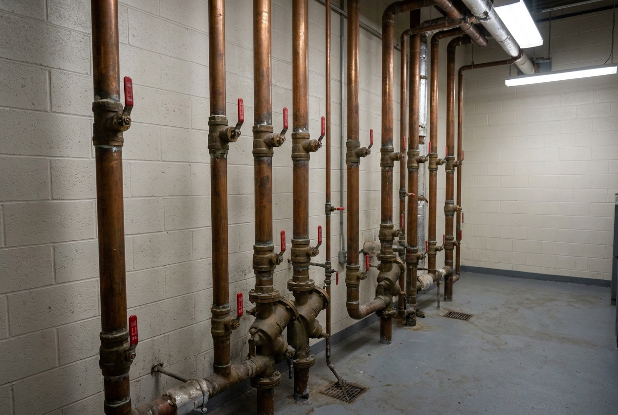 Commercial water riser with isolation valves and a pressure gauge
