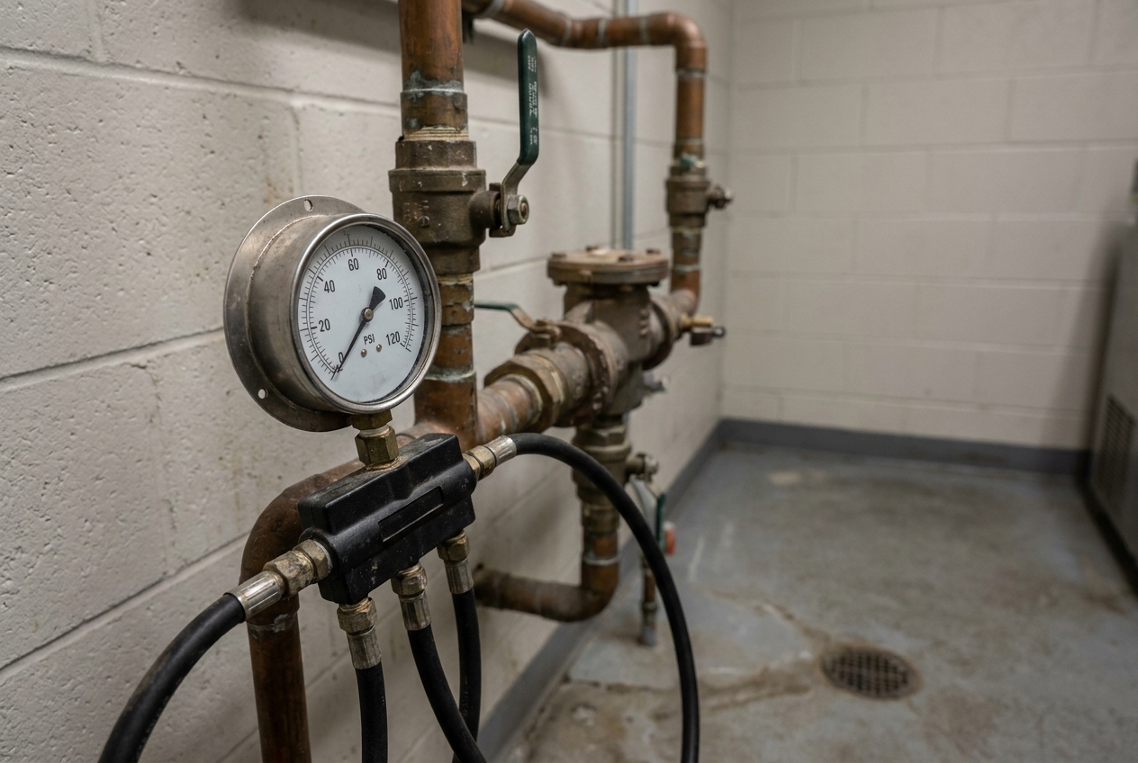 Commercial pipework and isolation valves being pressure tested