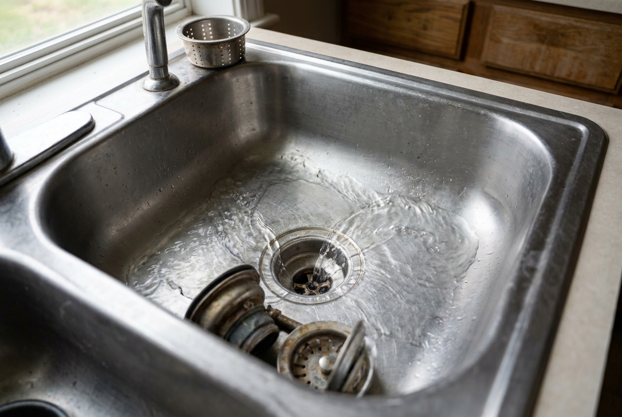Water draining freely through a stainless steel kitchen sink strainer