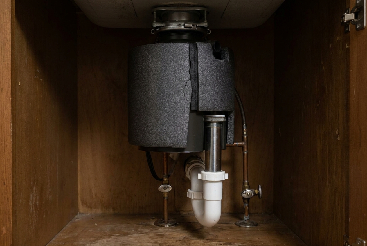 Insulated garbage disposal housing showing the sound baffling layer