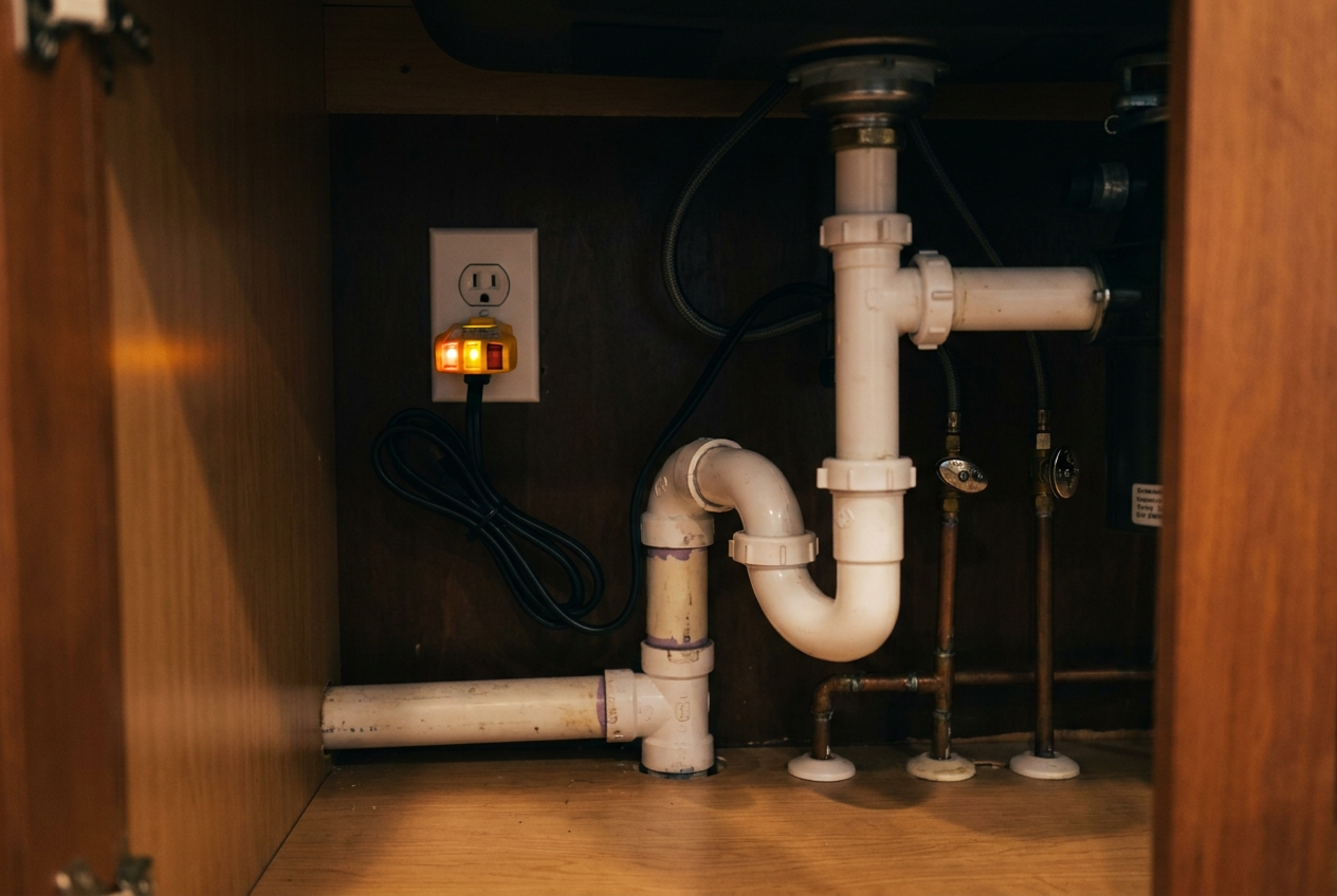 Electrical tester checking power at a garbage disposal outlet under a sink
