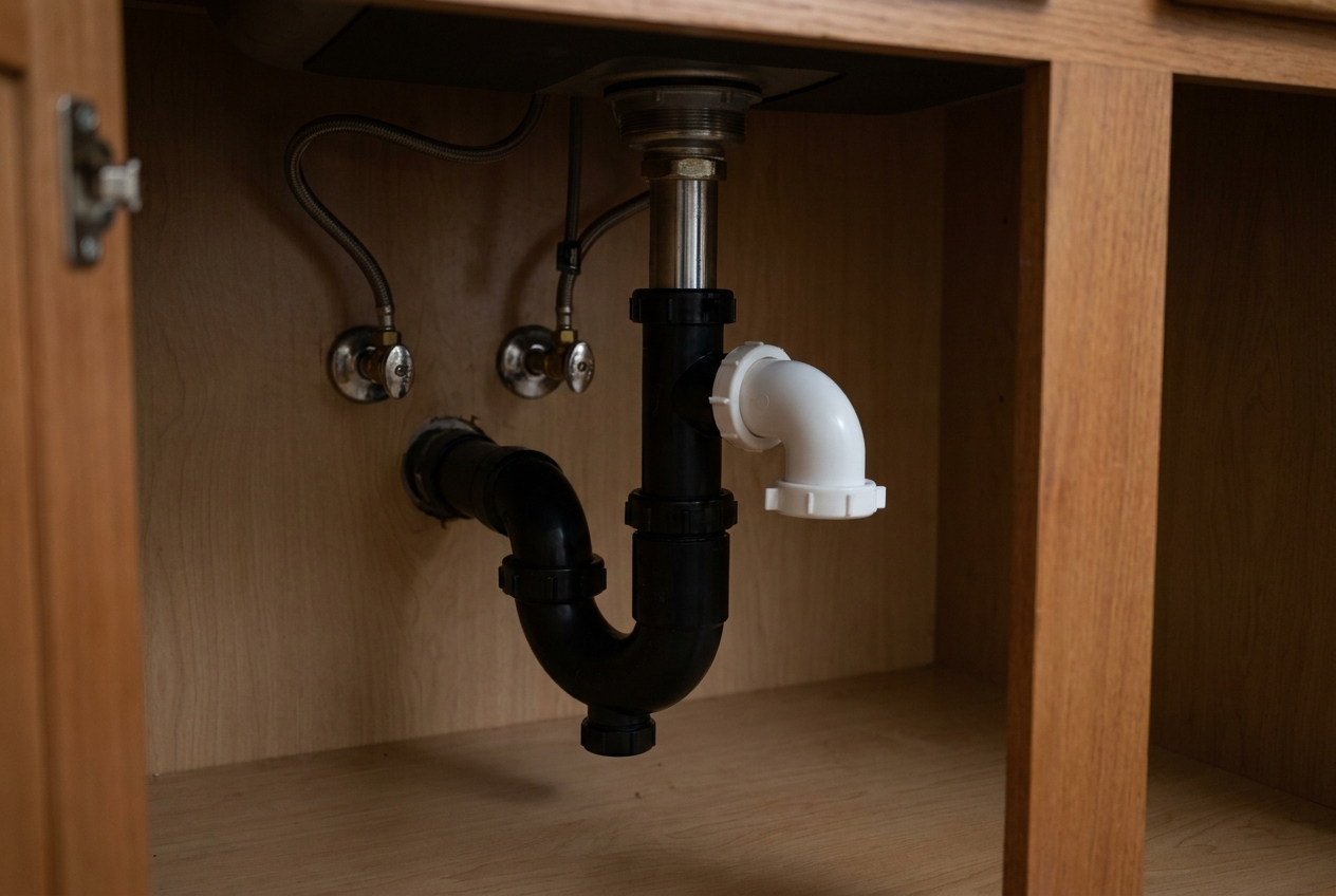 Drain trap and disposal outlet being checked for leaks during testing