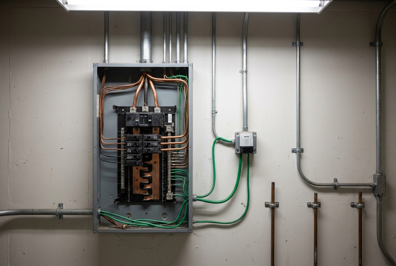 New breaker panel with conduit runs and green grounding conductors on a utility-room wall