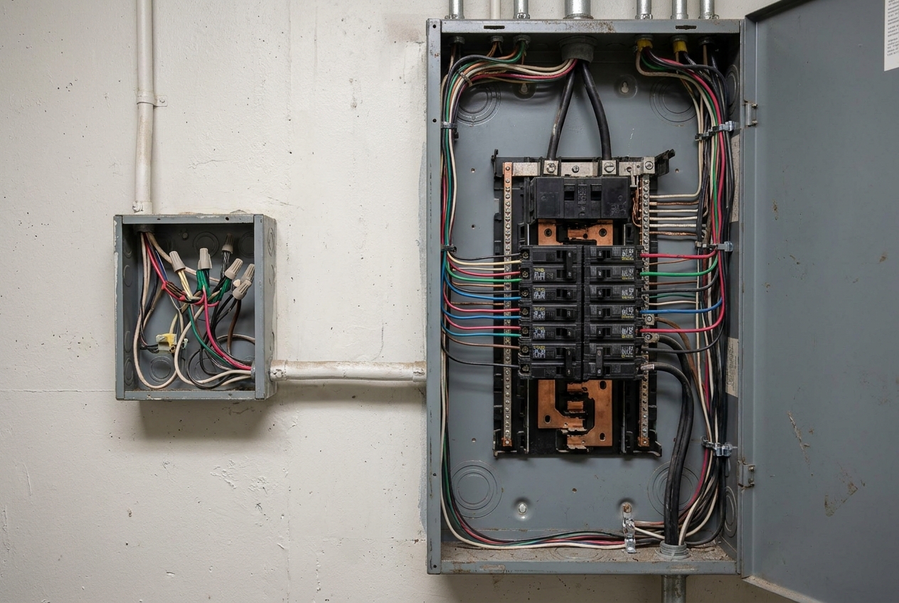 Open breaker panel and junction box wired on a garage wall