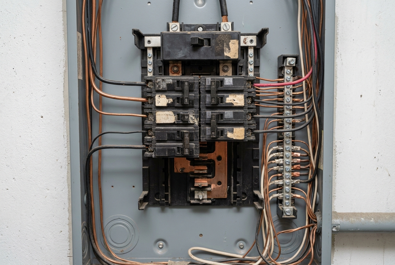 Close-up of an older breaker panel with worn, discolored components