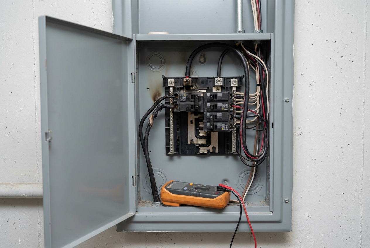 Open breaker panel with a multimeter resting on the door edge
