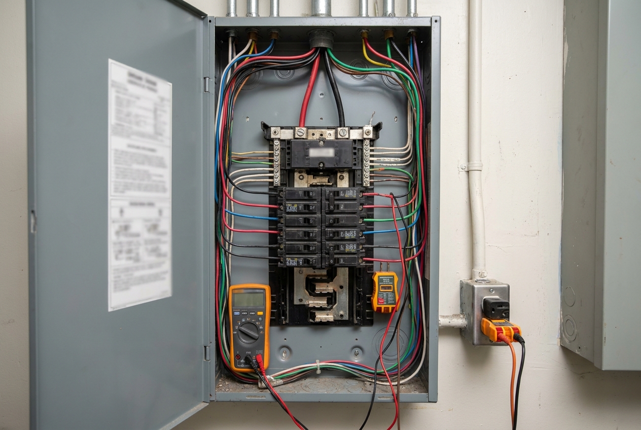 Open breaker panel with multimeter leads connected for testing