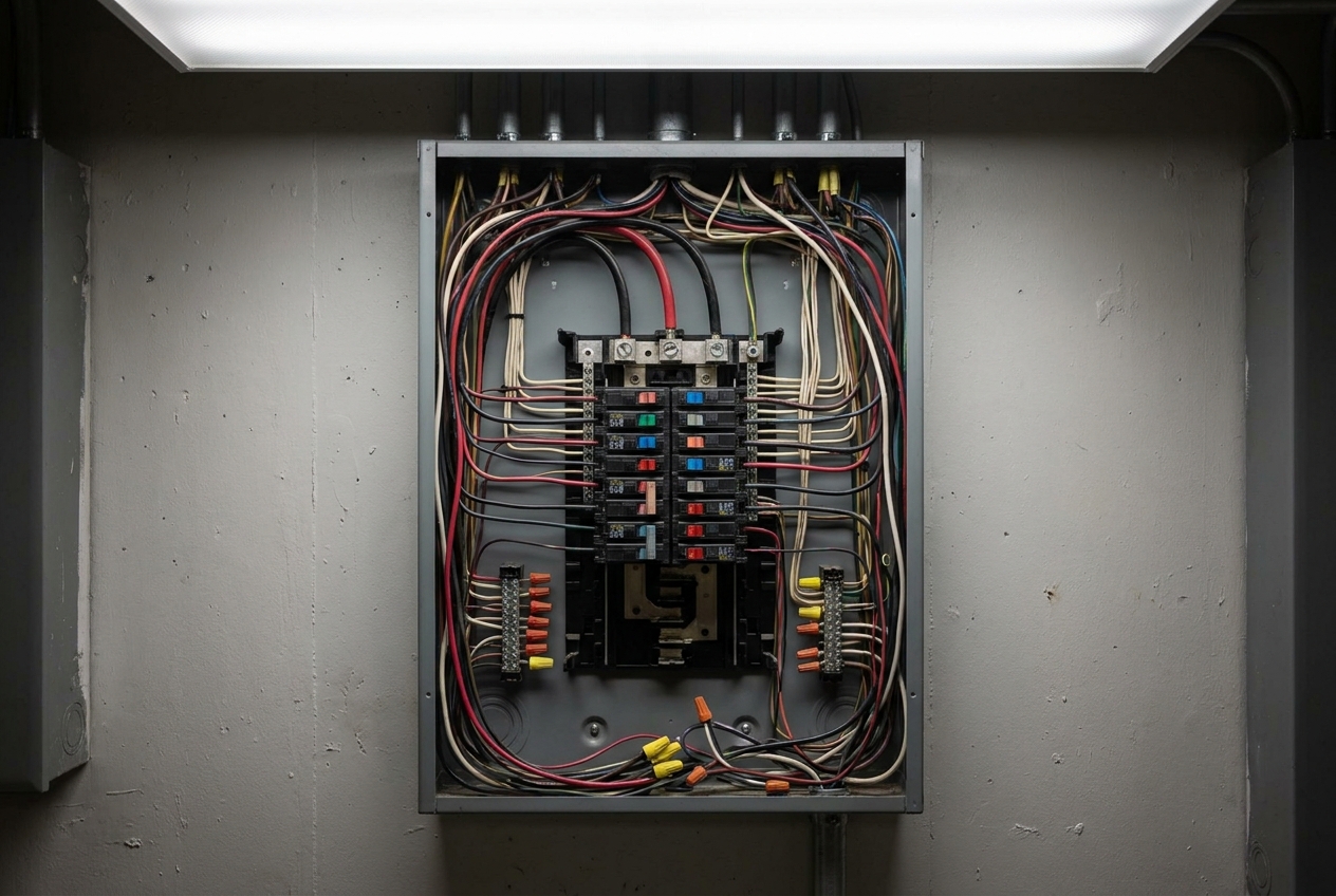 Open breaker panel with its dead front removed, branch conductors landed on the breakers