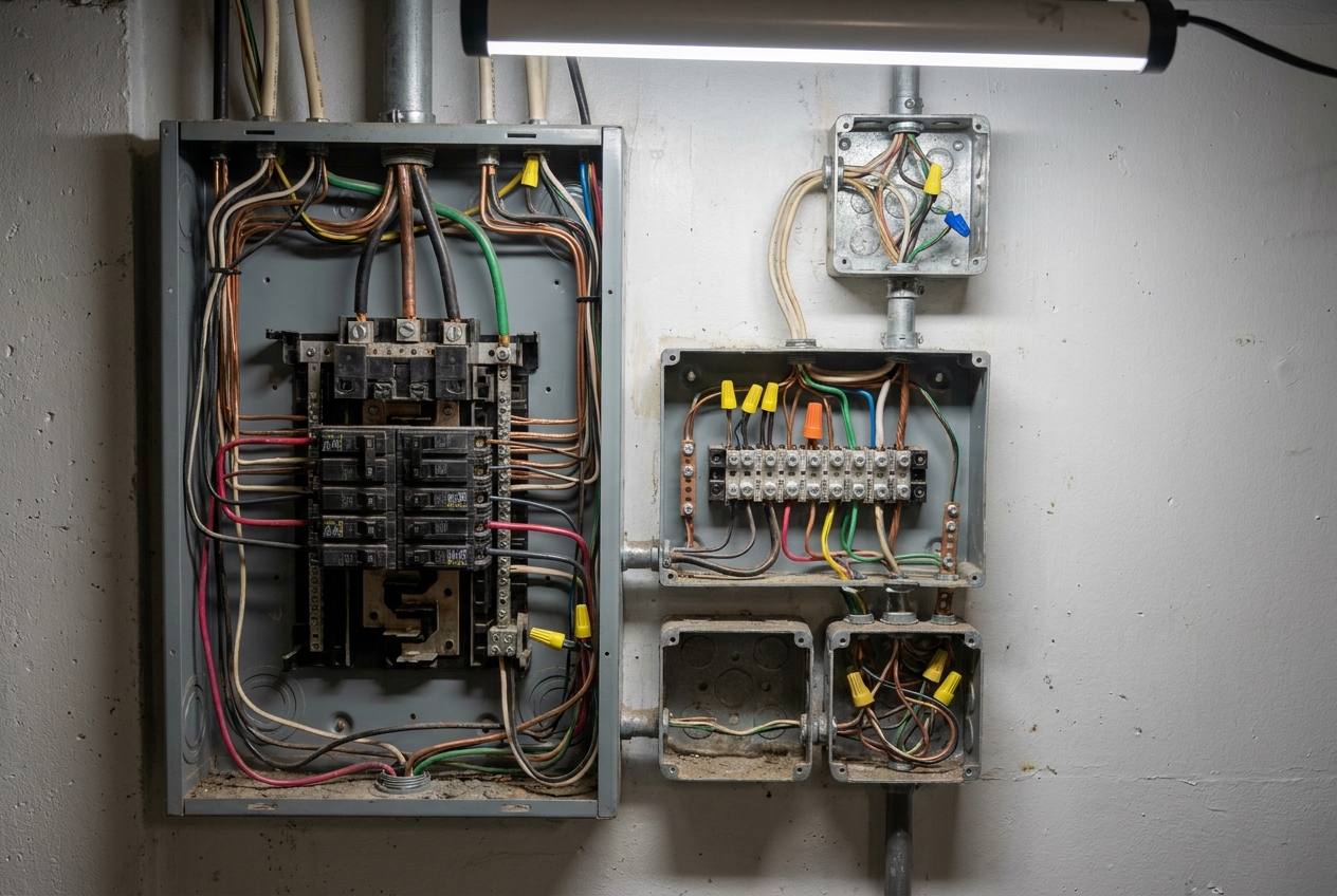 Breaker panel with new wiring run to adjacent junction boxes
