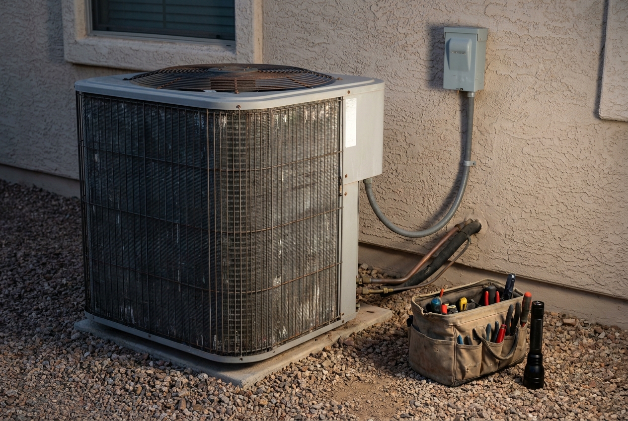 Condensing unit at dusk with a tool bag and flashlight set down beside it
