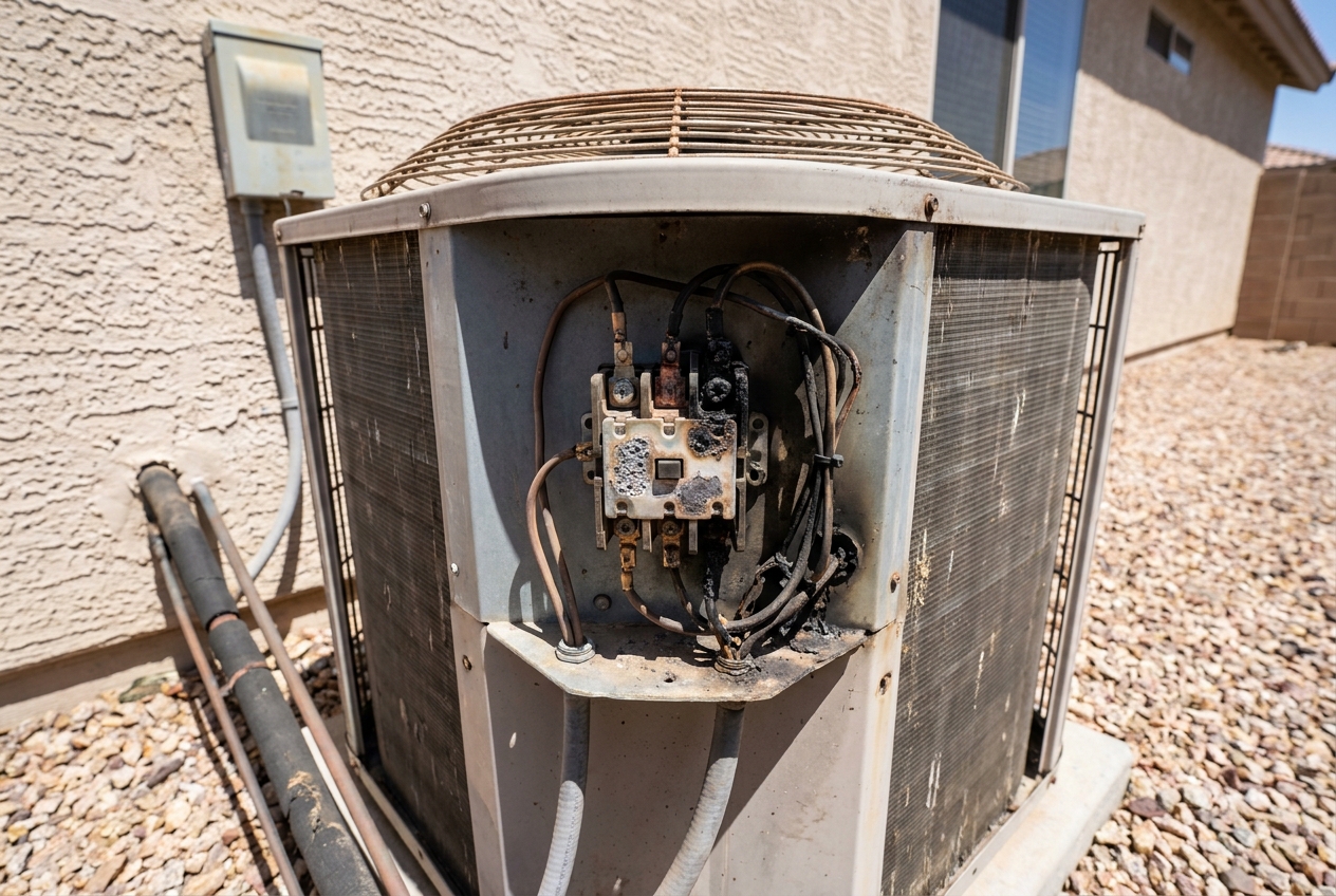 Pitted and burnt contactor in the electrical compartment of a condensing unit