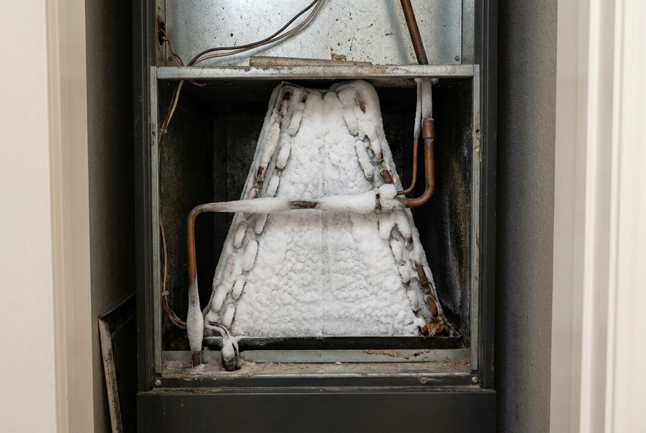 Ice built up on an evaporator coil inside an indoor air handler