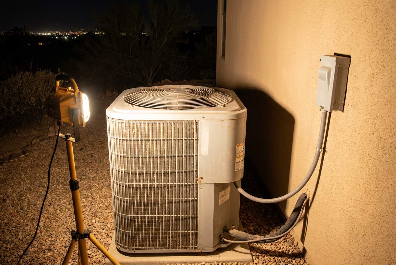 Outdoor air conditioning condenser lit at night during an emergency call