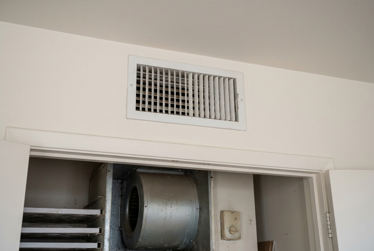 Cool air returning through a ceiling supply vent after a repair